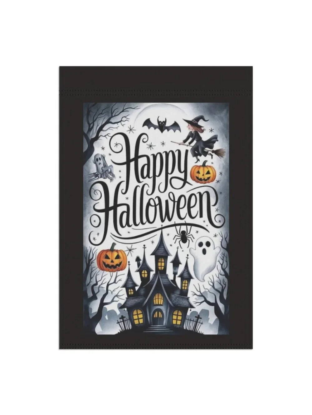 Happy Halloween Garden Flag with Witch and Haunted House